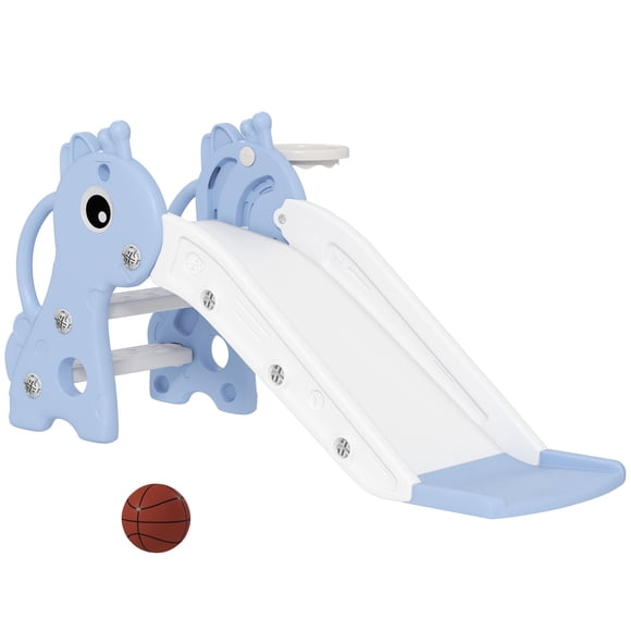 Qaba Glissoire 3-en-1 à Motif Girafe avec Grimpeur et Panier de Basketball, Ensemble de Jeu Intérieur en HDPE Bleu pour 1 à 3 Ans, 41,7 Pouces L x 20,3 Pouces L x 20,5 Pouces H, pour Salle de Jeux Ou Activité sur Plancher de Nurserie