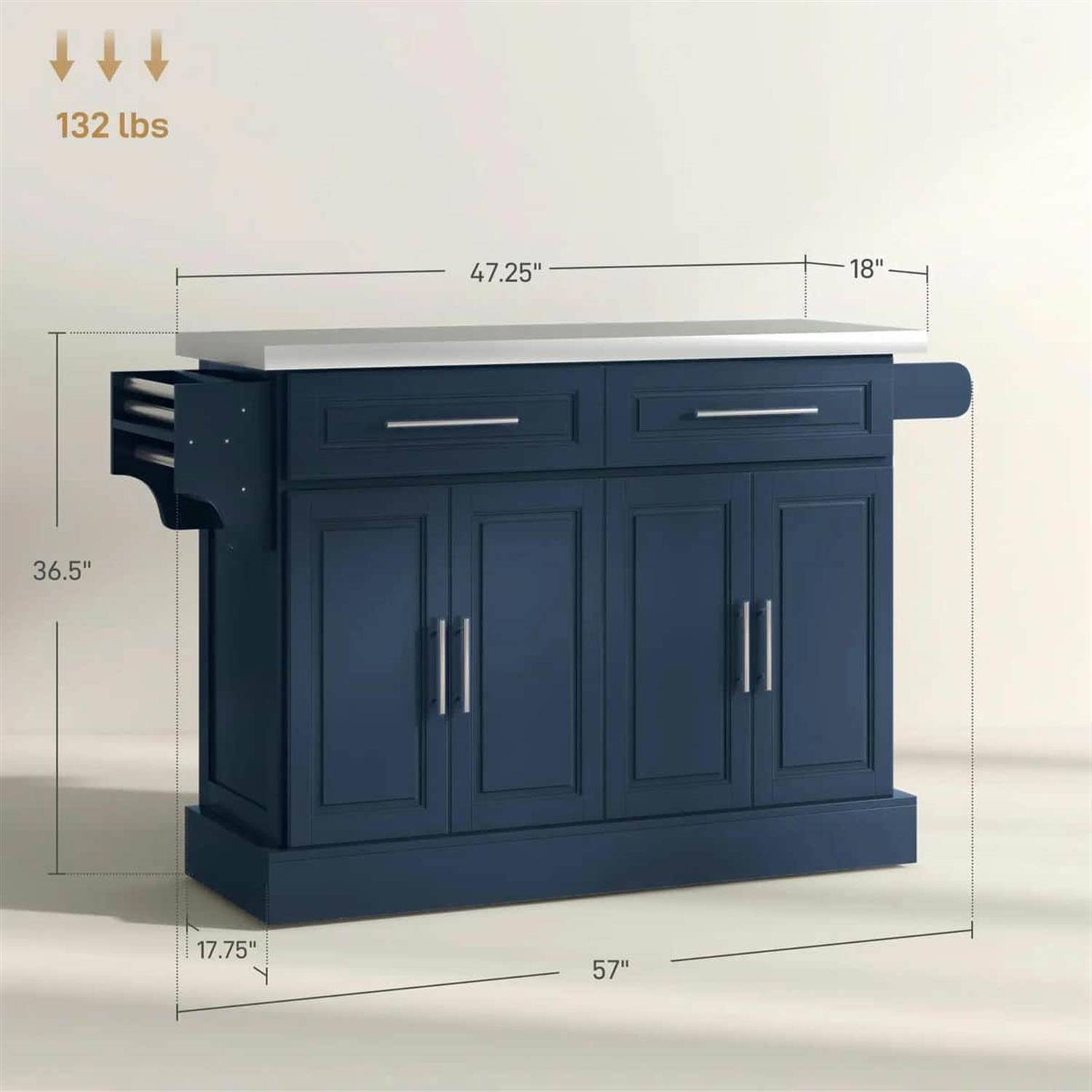 Demi Bonn 57" Rolling Kitchen Island with Stainless Steel Top, 2-Drawer Storage, Spice & Knife Rack, Mobile Island Cart for Cooking & Dining, Blue