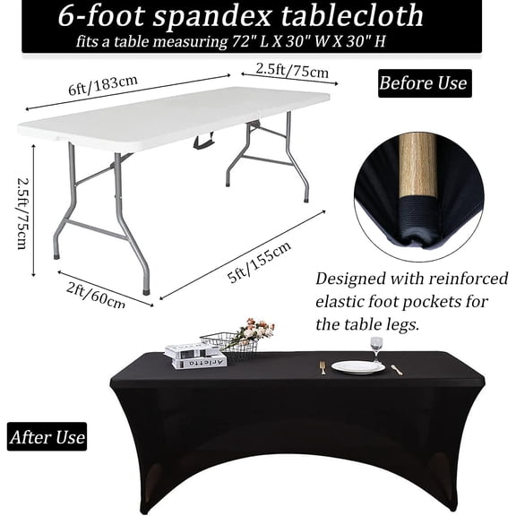6FT Spandex Table Cover Table Cloth for Folding Tables Fitted Rectangular Tablecover Washable Wrinkle Resistant Polyester Stretch Tablecloth Protector for Wedding Banquet Party (12 Pack, Black)