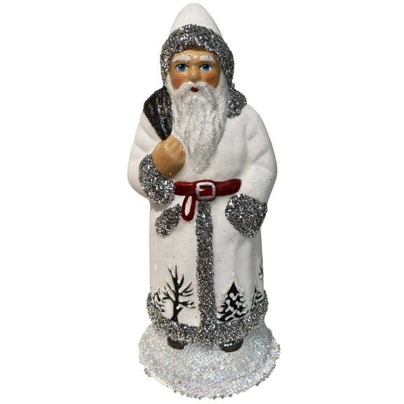 Alexander Taron 6” Paper Mache Santa in White Coat with Silver Details Christmas Candy Container