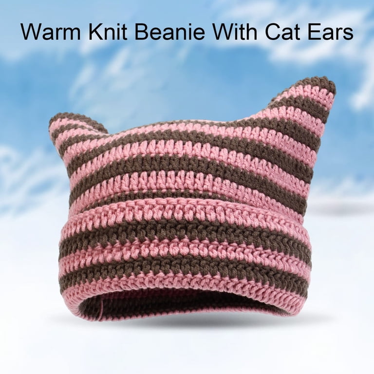 LEKODE Womens Striped Crochet Knit Cat Ears Beanie, Cute 3D Kitten