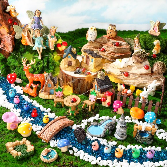 Wenqik 106 Pcs Miniatures Garden Fairies Accessories Kit Operation Christmas LED House Resin Figures Ornaments for Outdoor Yard D