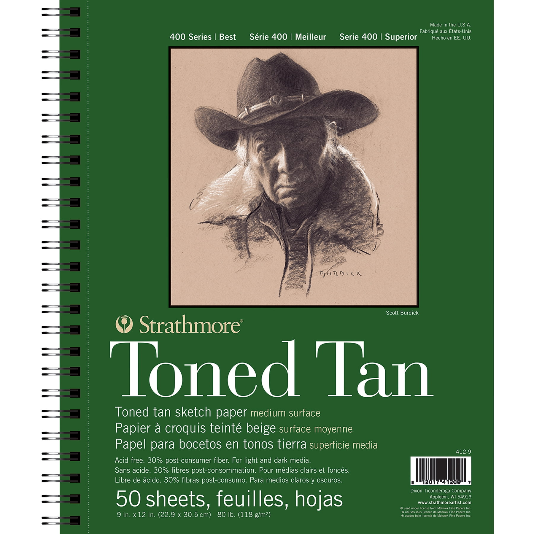 Strathmore 400 Series Sketch Pad, Recycled, Toned Tan, Side Wire Binding, 50 Sheet, 9x12 inch, Pack of 3