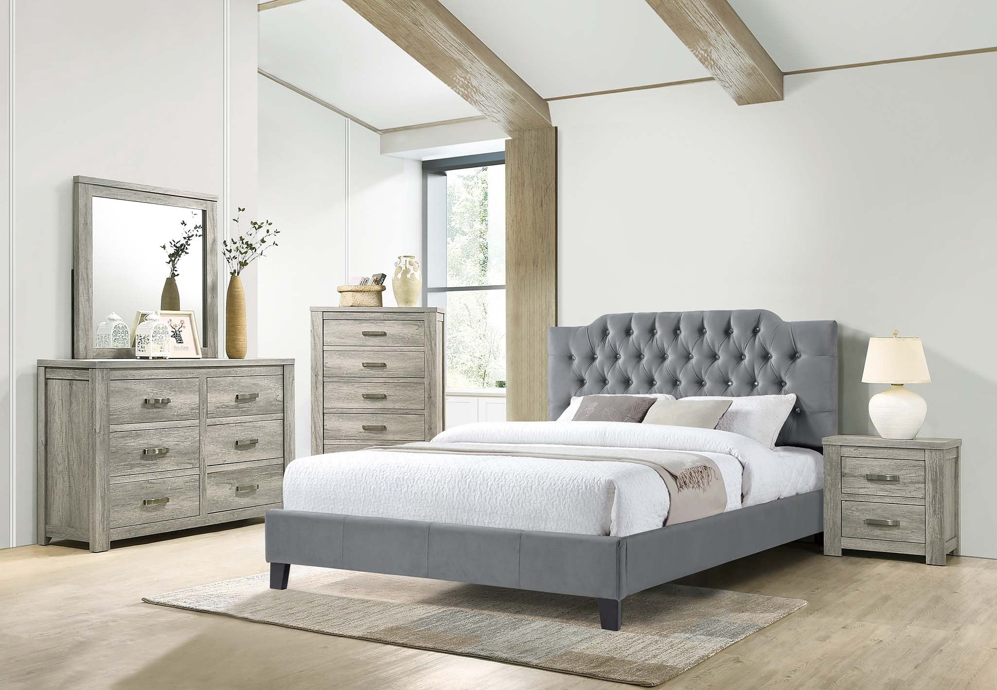 Bed Frame Gorgeous Gray Velvet Queen Size Bed 1pc Bedframe Modern Tufted Upholstered Headboard Bedroom Furniture