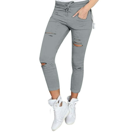Multitrust Women's Ripped Jeans Denim Pencil Pants High Waist Stretch Long Trousers