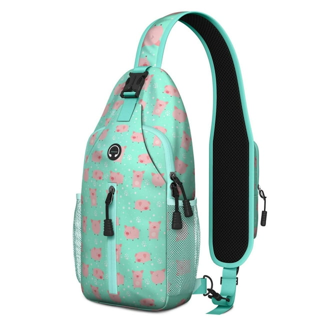 Cute Farm Animal Pig Print Sling Backpack Lightweight Crossbody Daypack with Watercolor Floral and Abstract Cartoon Pattern Funny Artistic and Aesthetic Design Anti-theft Travel Bag for Daily Use Outd