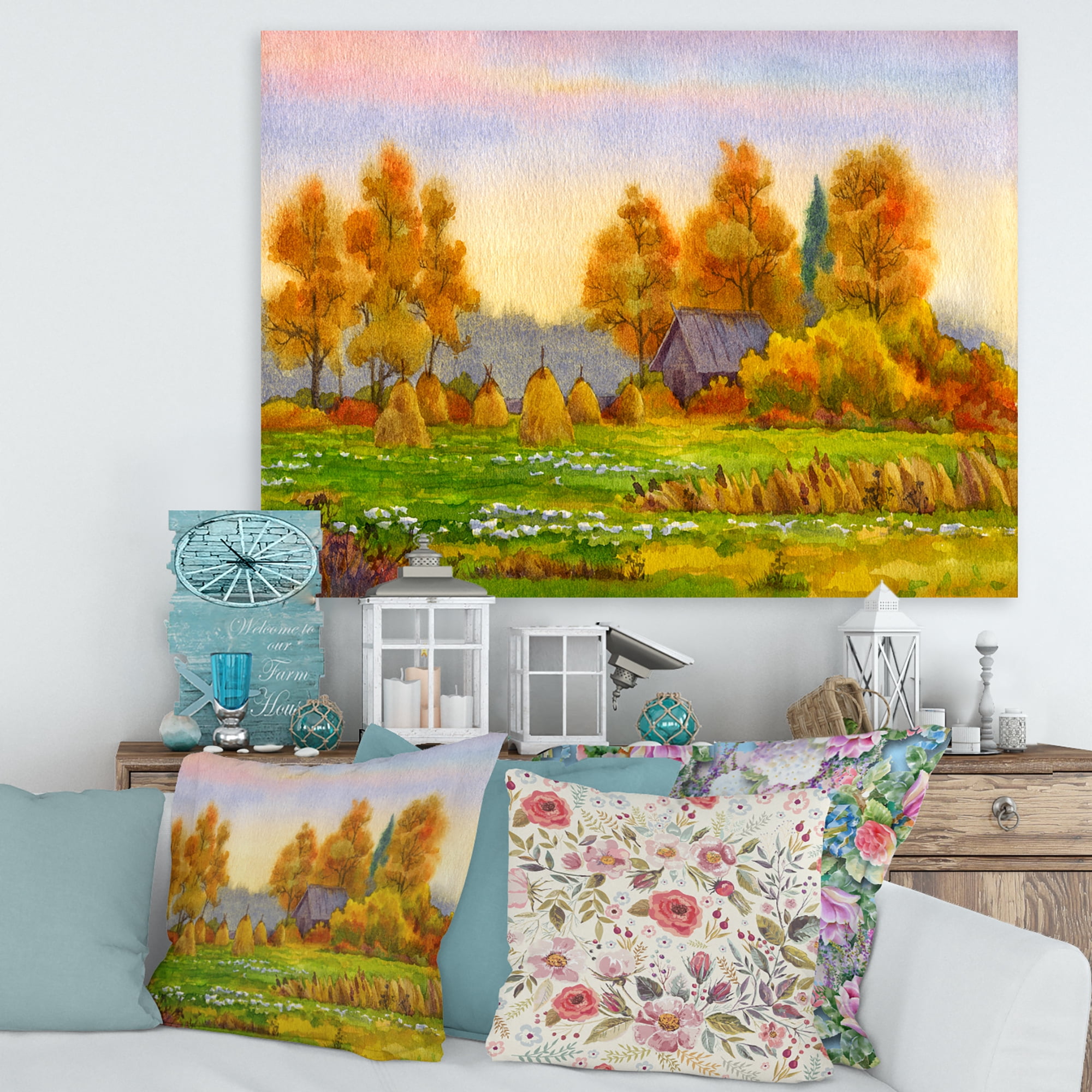 Designart ' Orange Fields With Haystacks I ' Lake House Canvas Wall Art Print