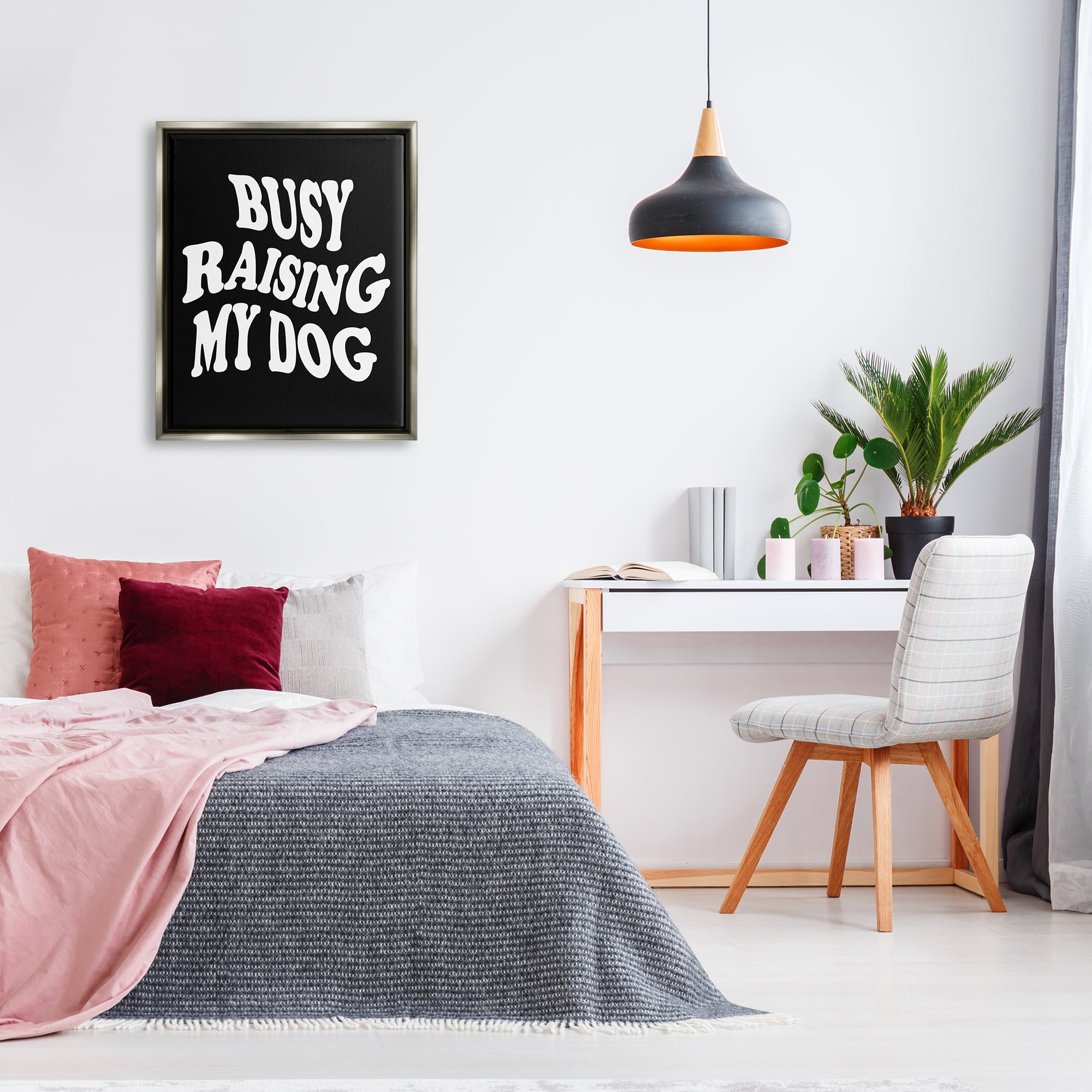 Stupell Industries Black & White Dog Phrase Inspirational Painting Gray Floater Framed Canvas Art Print Wall Art, 25 x 31