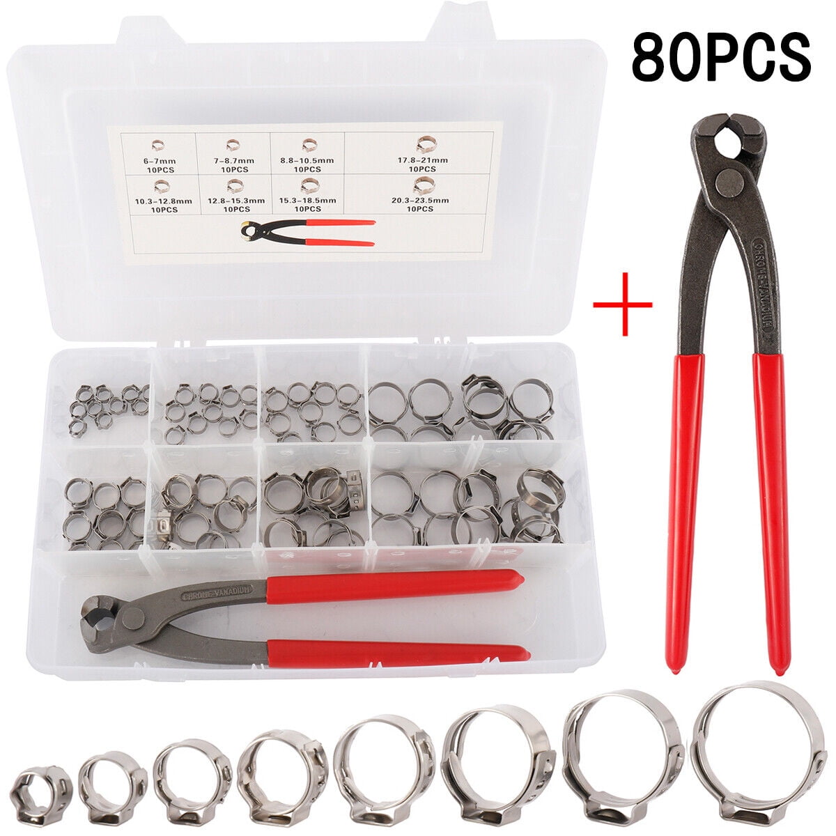 1/4"15/16" 304 Stainless Steel Single Ear Hose Clamps Kit with Ear Clamp Pincer