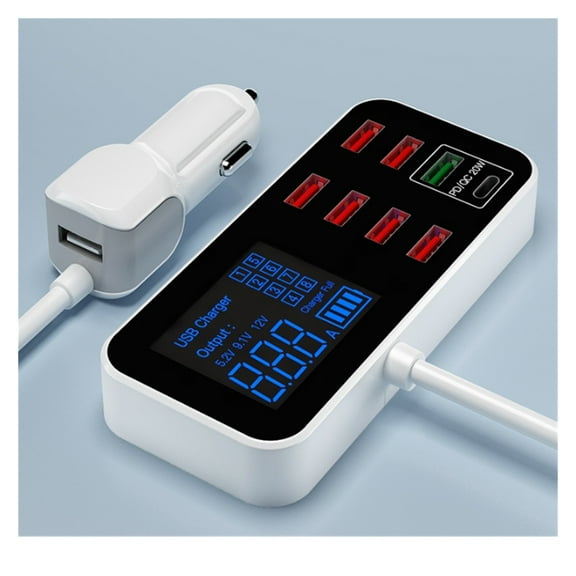 Car USB Charging Station 8-Ports DC 12-24V Multi Port USB C Hub Charger with LCD Display ,Fast Charging Devices