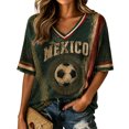 thumbnail image 2 of Mexico 2026 Soccer Cup Fan Jersey for Women, V-Neck Short Sleeve T-Shirt with Flag Color & Soccer Graphic Print, Breathable Casual Sports Tee Pullover Top, 1 PC Army Green L, 2 of 5
