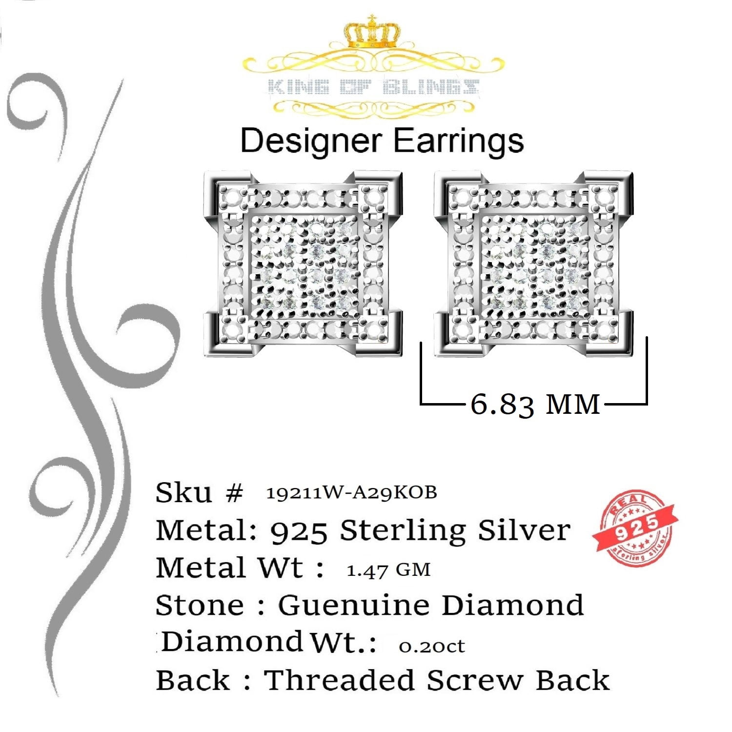 King of Bling's Aretes Para 925 Sterling White Silver 0.20ct Diamond Women & Men Stud Earrings