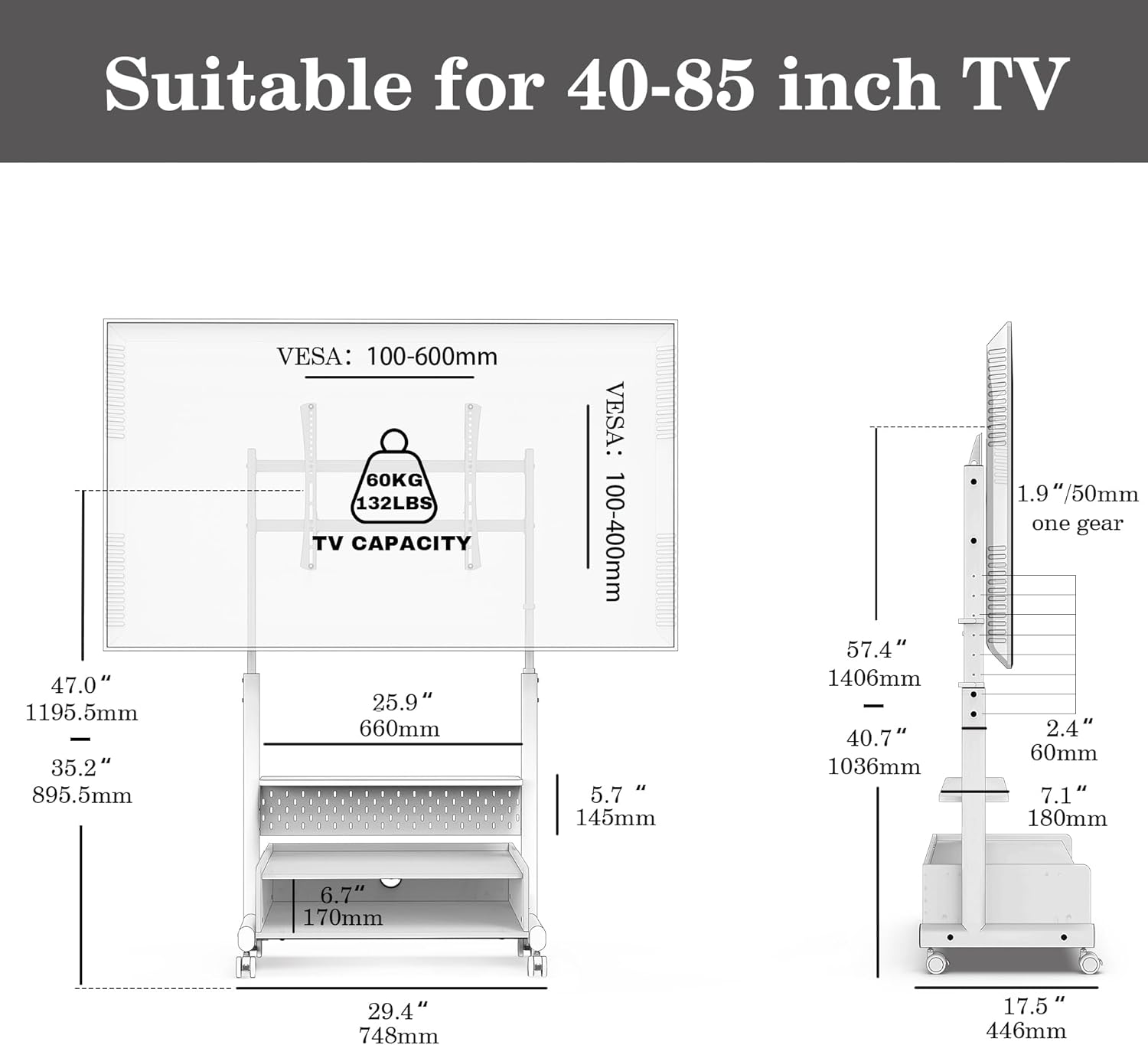 FITUEYES Rolling TV Stand for 40–85 Inch TVs, Black, Storage & Pegboard