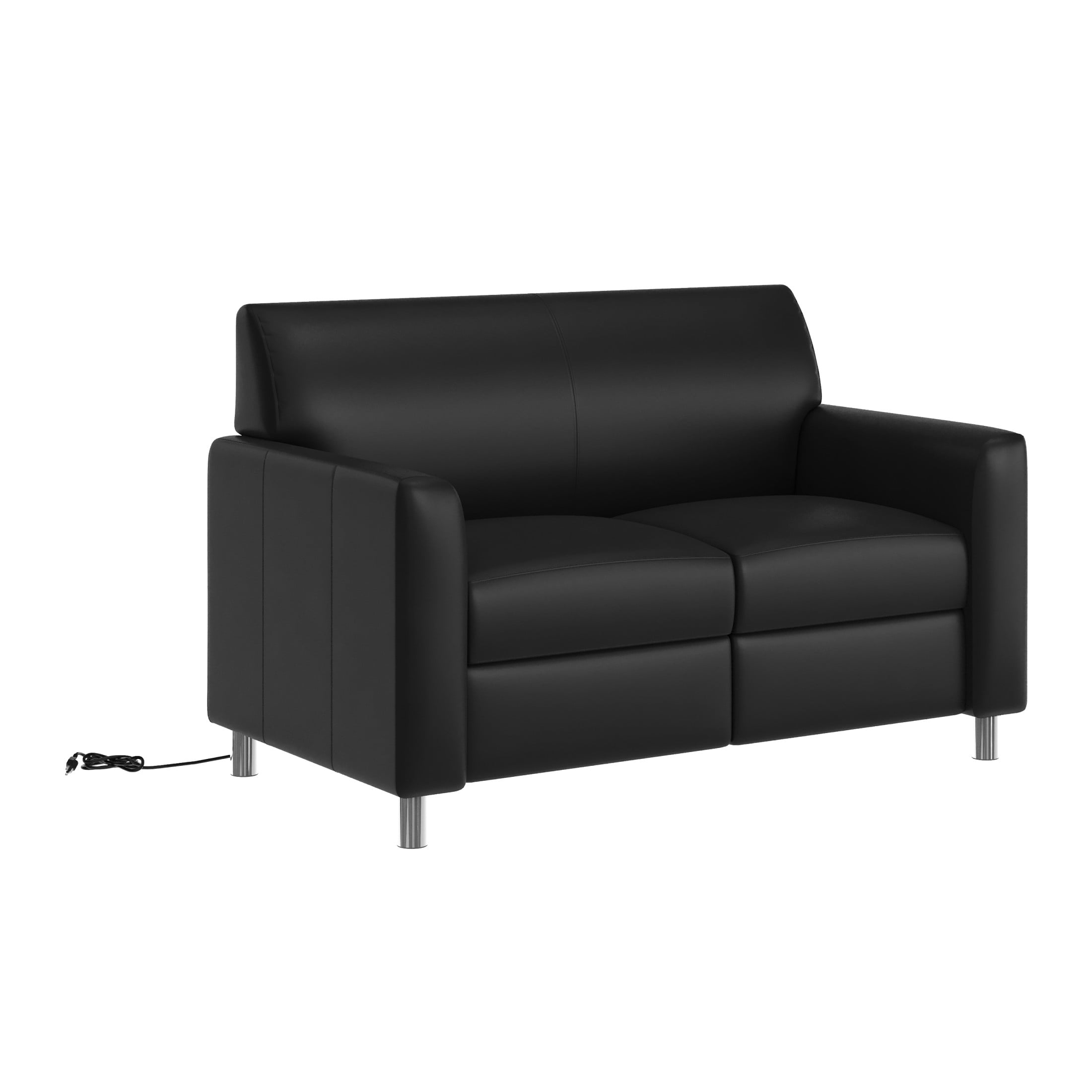 Flash Furniture Black LeatherSoft Reception Loveseat with Right Side Charging Bank, Includes 2 Outlets, 2USB Ports, 1 USB-C Port, Chrome Legs
