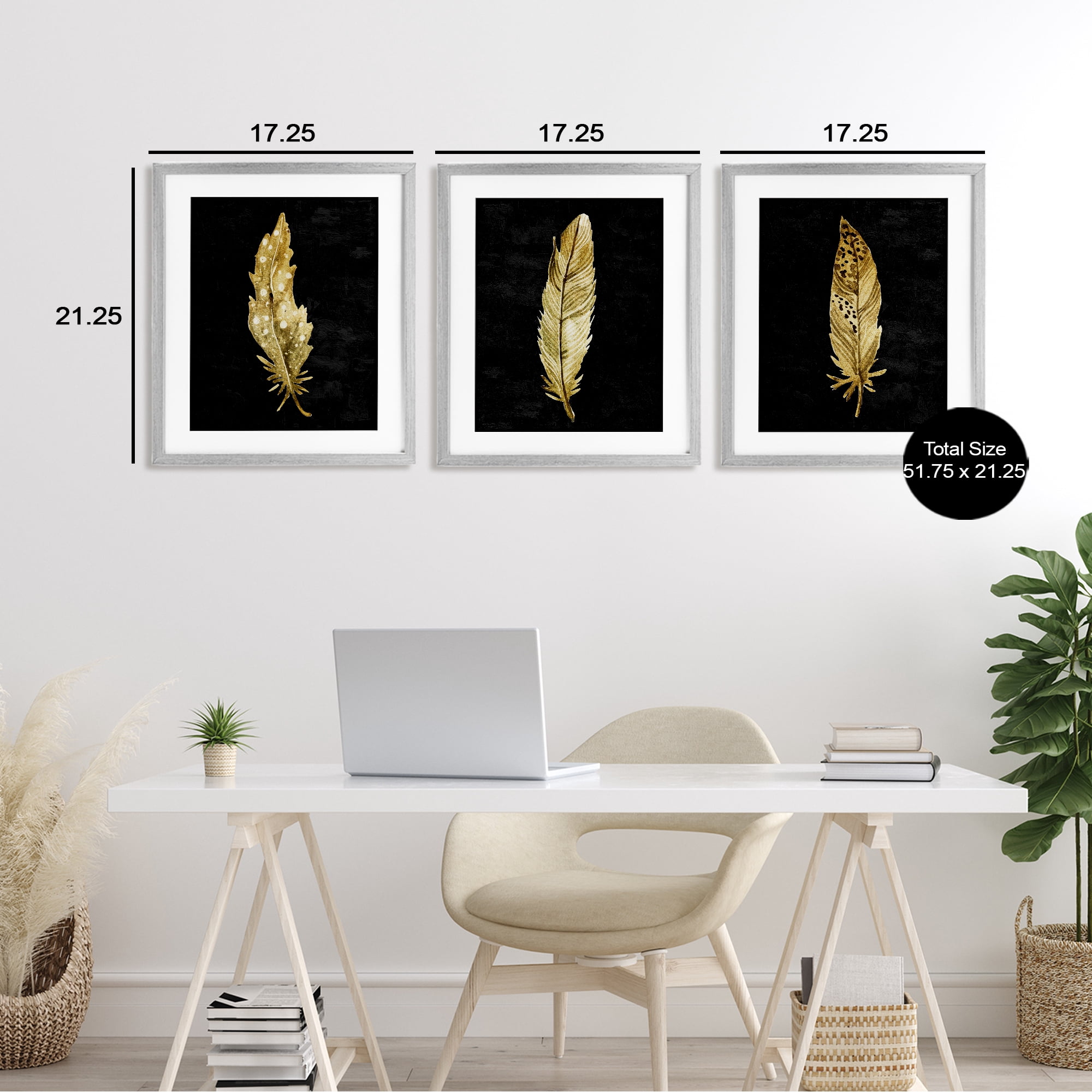 Black & Gold Feathers 3 Piece Gray Framed Print Under Glass Set, design by Kim Allen