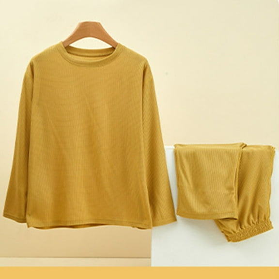 BRGZLK Women Homewear Casual Fashion Solid Color Long Sleeve Round Neck Warm Underwear Set comfortable Loungewear for Daily Wearing Yellow XL