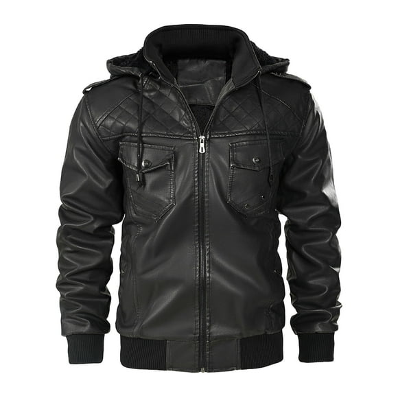 Pisexur Faux Leather Jacket Men Men Zipper Pocket Hooded Removable Artificial Leather Add Velvet Leather Clothing Loose Coat Motorcycle Jacket