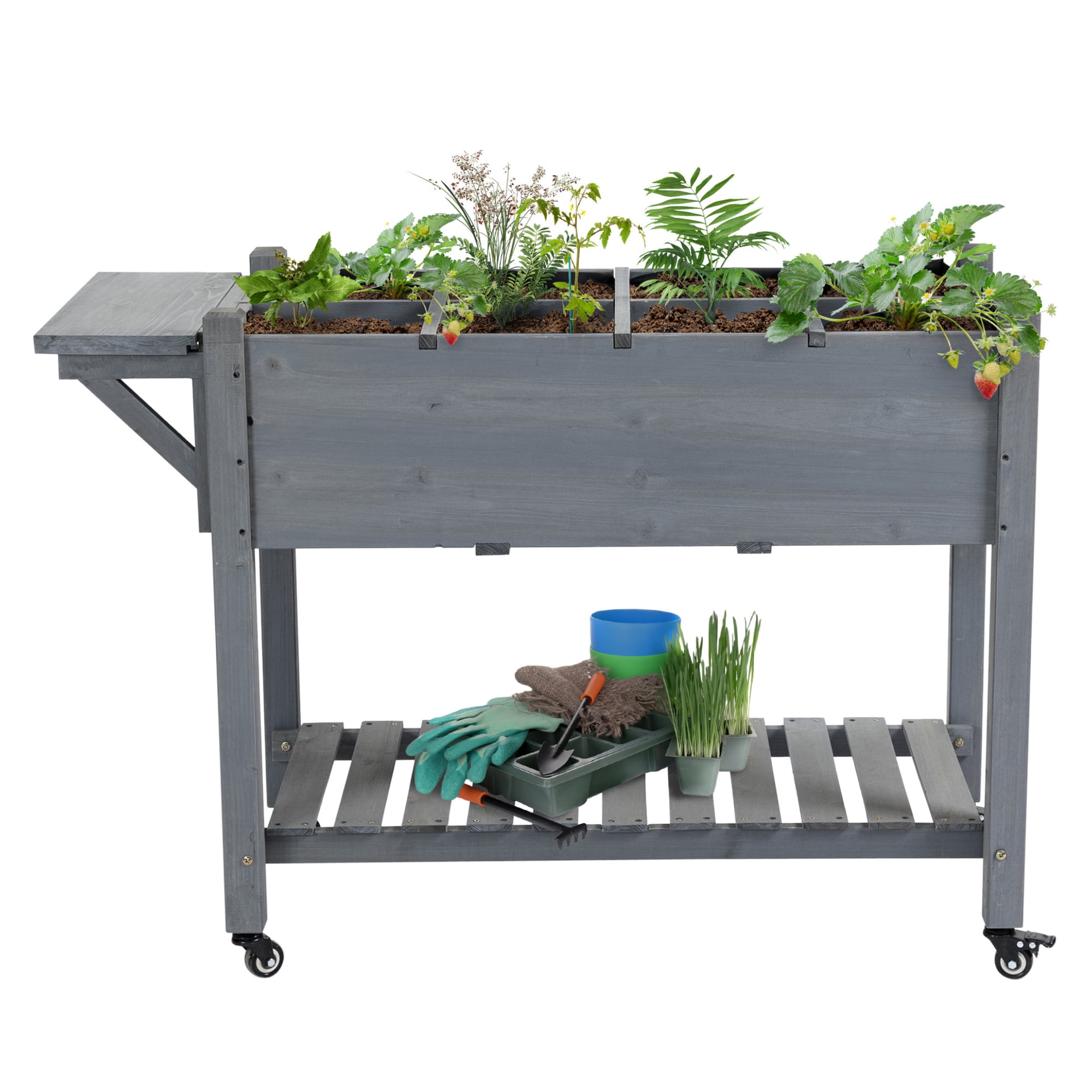 Raised Garden Bed Planter Box 8 Grow Grids Wheels & Shelf - Outdoor Wooden Plant Container for Flowers Herbs Vegetables
