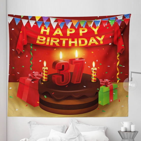 Colorful Tapestry, Chocolate Cake Gifts Balloons Flag Candles Design Image, Fabric Wall Hanging Decor for Bedroom Living Room Dorm, 5 Sizes, Multicolor, by Ambesonne