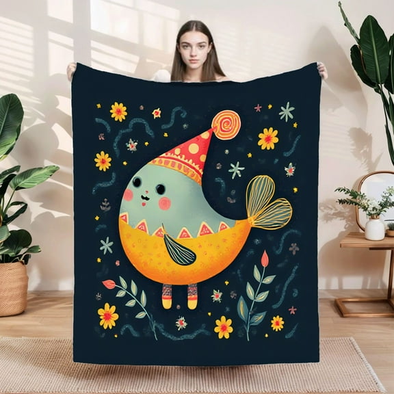 Durable Soft Flannel Blanket - Cozy Fish & Floral Design Perfect for Sofa Travel Bed and Chair - Warm & Whimsical Comfort