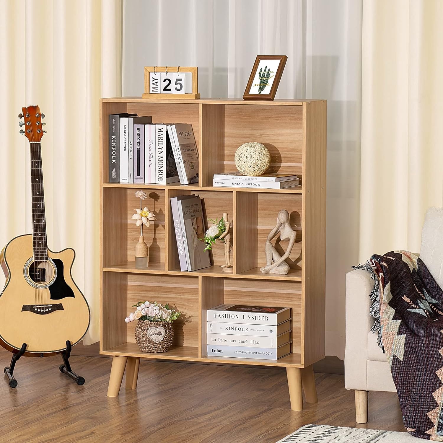 Cube Bookshelf 3 Tier Mid-Century Rustic  Modern Bookcase with Legs,Retro Wood Bookshelves Storage Organizer Shelf,Freestanding Open Book Shelves for Bedroom,Living Room,Office