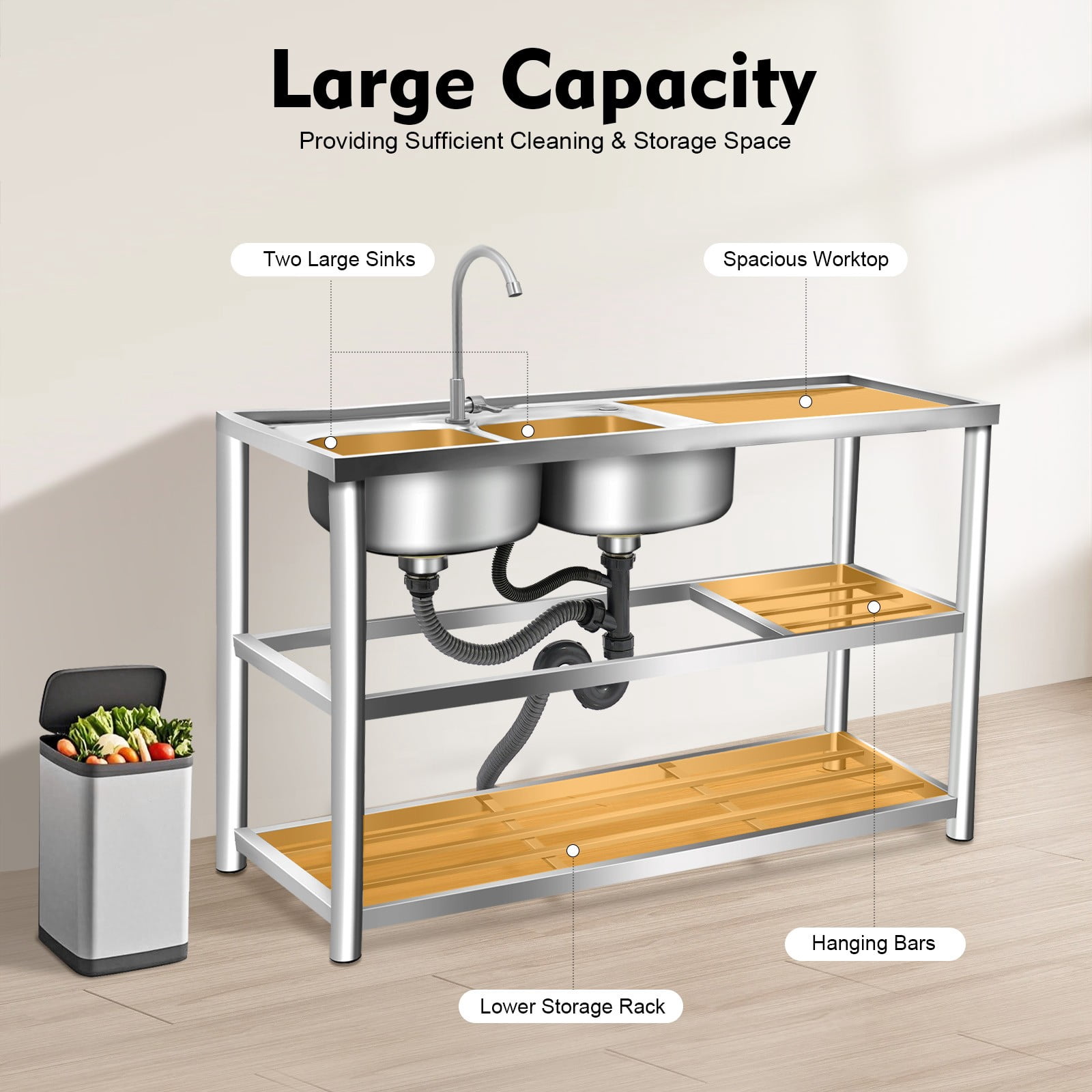 DUYIWAA Stainless Steel Sink Double-basin Commercial Kitchen Utility Sink with Faucet, Drainboard & Prep Table