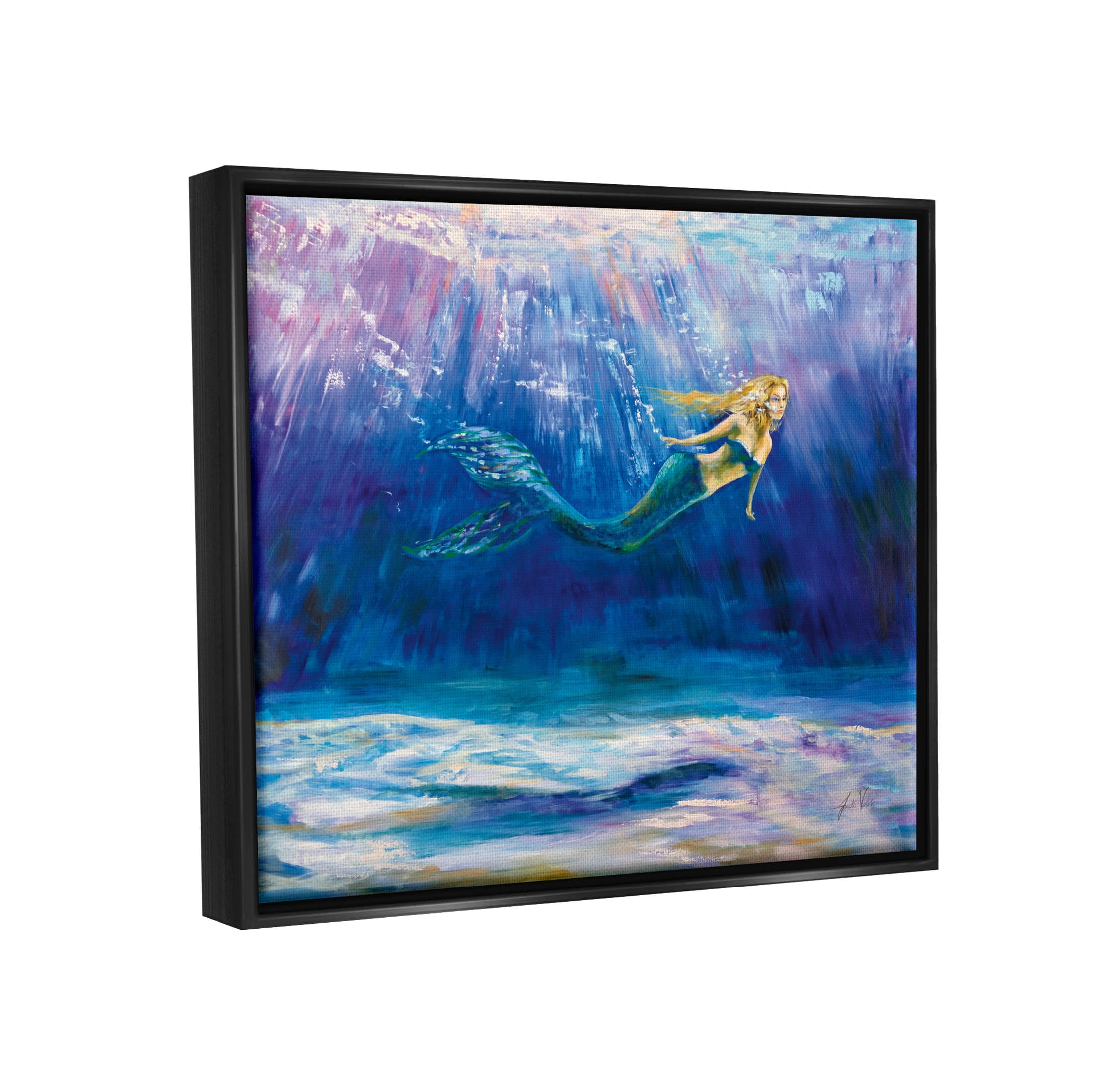 Stupell Industries Mermaid Swimming Deep Blue Ocean Water Painting Jet Black Floating Framed Canvas Print Wall Art, Design by Jeanette Vertentes