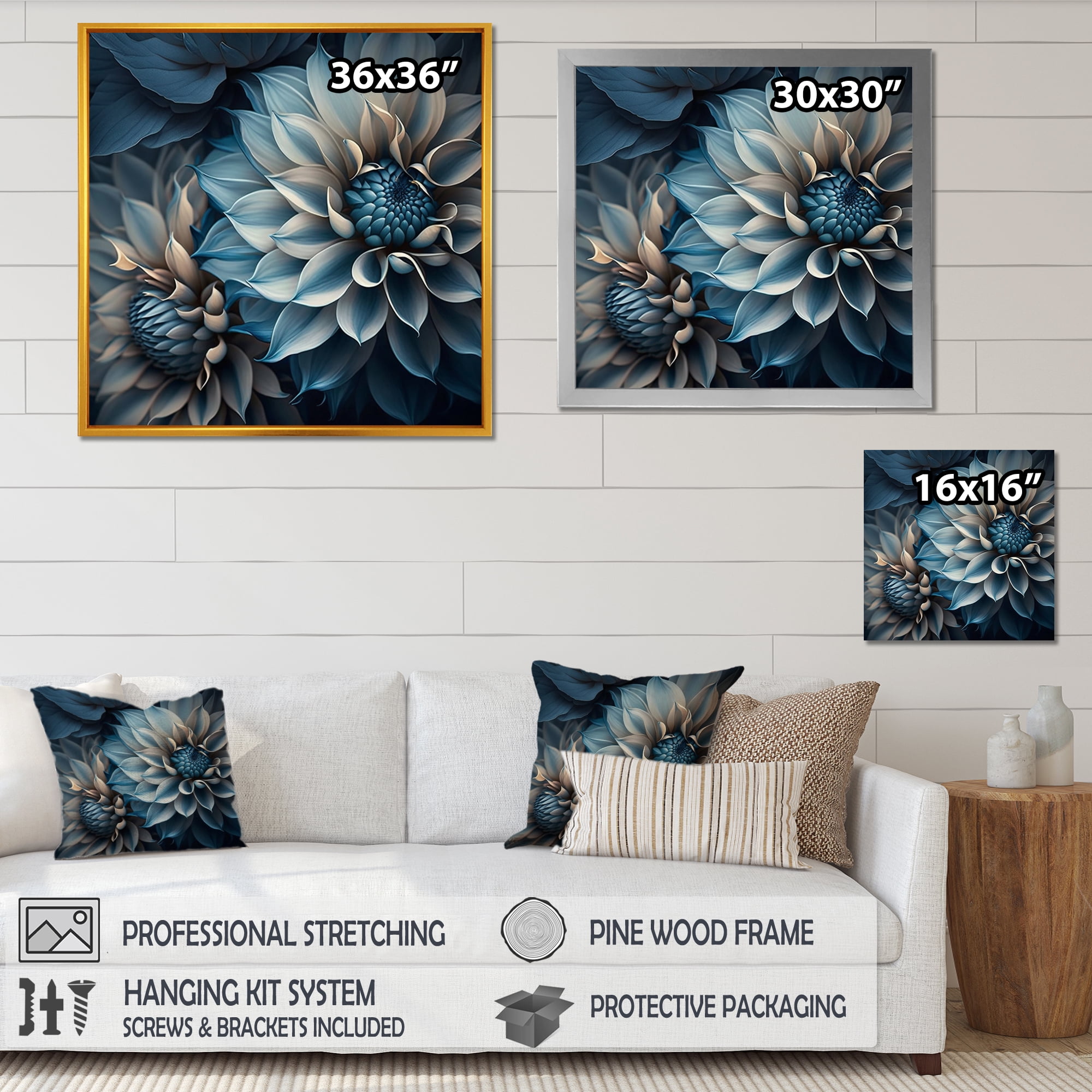Designart Dahlia Flowers Blue And White II Canvas Wall Art