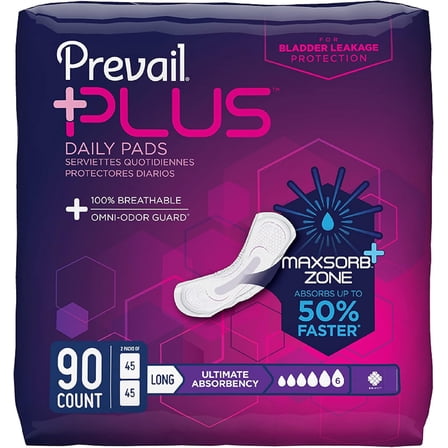 Prevail Plus | Long Length Incontinence Bladder Control Pads | Ultimate Absorbency | 90 Count (2 packs or 45)