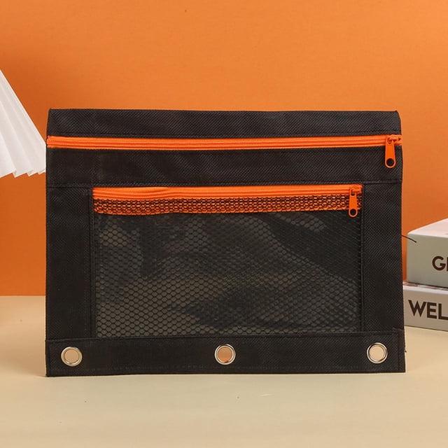 Three Hole Cloth Pencil Case Double Layer Mesh Large Capacity Zipper