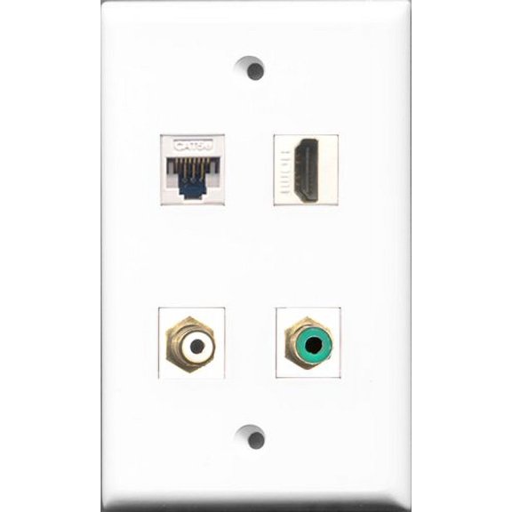RiteAV - 1 Port HDMI and 1 Port RCA White and 1 Port RCA Green and 1 Port Cat5e Ethernet White Wall Plate