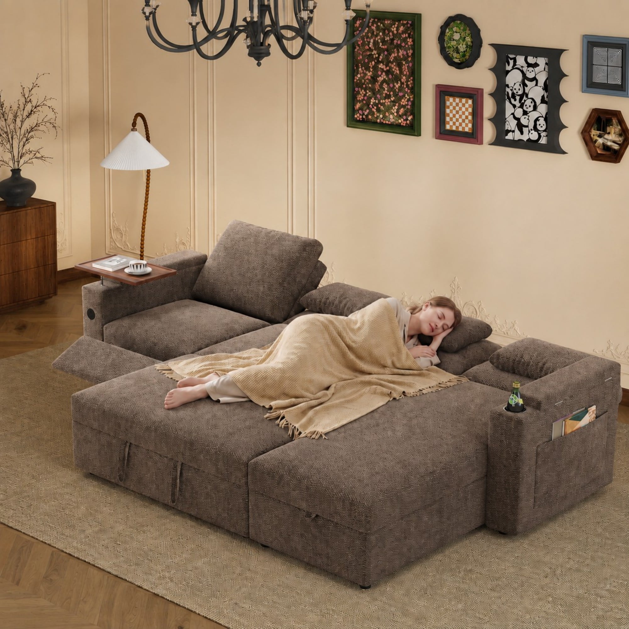 DEALTOPS 108" Chenille L-Shaped Pull Out Sleeper Sofa Bed with Recliner, Storage Chaise & USB Ports, Brown