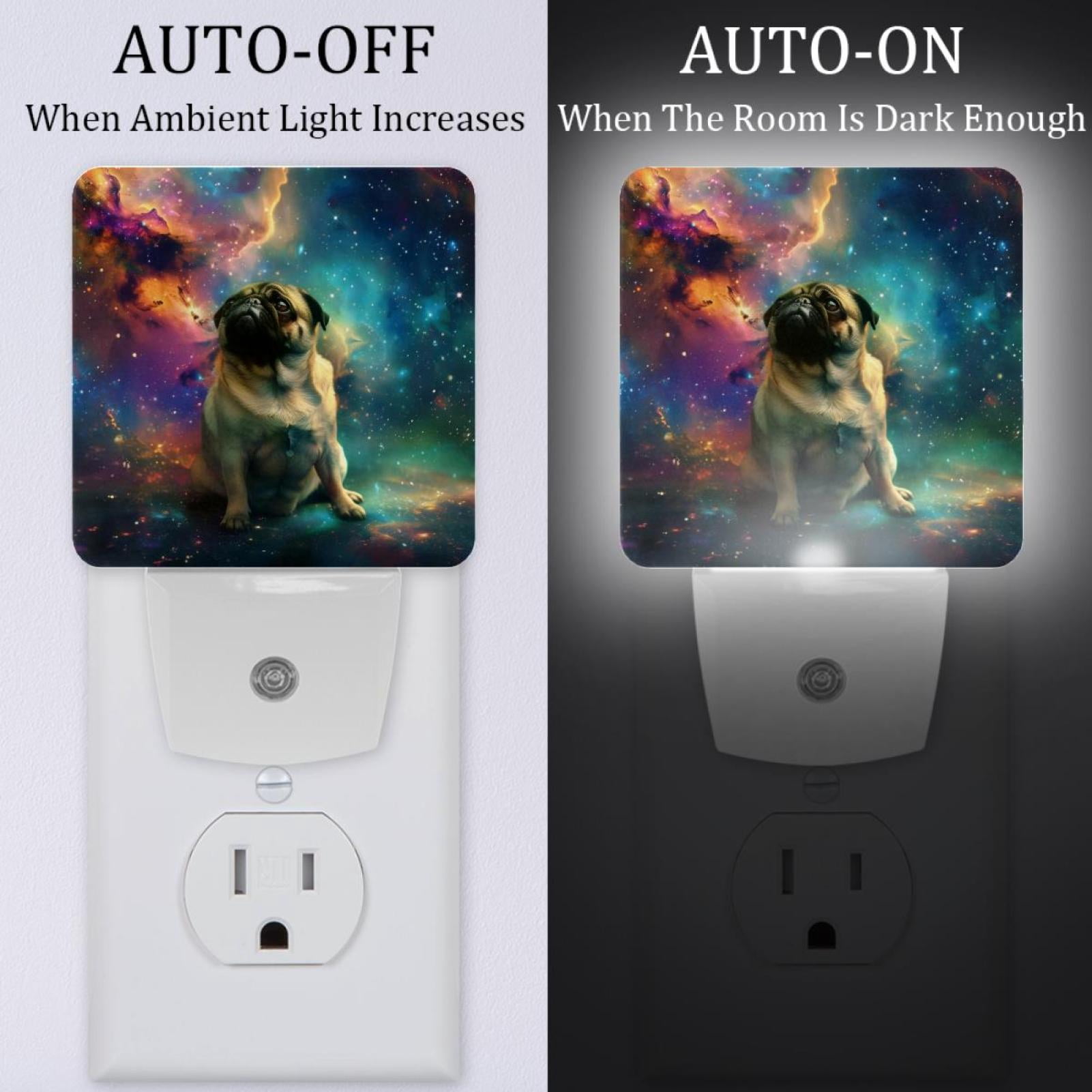 PhooArto Pug Dog Space Galaxy Plug in LED Night Light Auto Sensor Dusk to Dawn Decorative Night for Bedroom, Bathroom, Kitchen, Hallway, Stairs, Baby's Room, Energy Saving