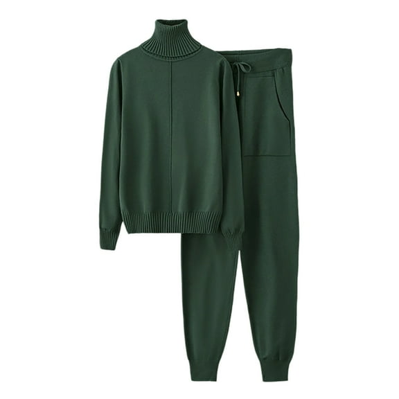 Efsteb Womens 2 Piece Outfits Ribbed Knit Sets Solid Casual Turtle Neck Sweatsuit Sets Wide Leg Jogger Stretch Tracksuits (Green,Free Size)