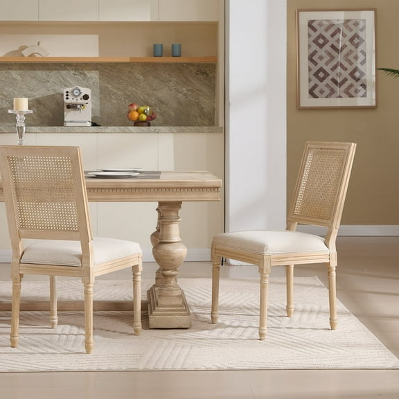 French Country Dining Chairs Set of 2, Upholstered Chairs with Nature Rattan Square Back, Wire drawing and carving techniques ,Disassemblable , for Living Room, Kitchen , Restaurant Use,Beige