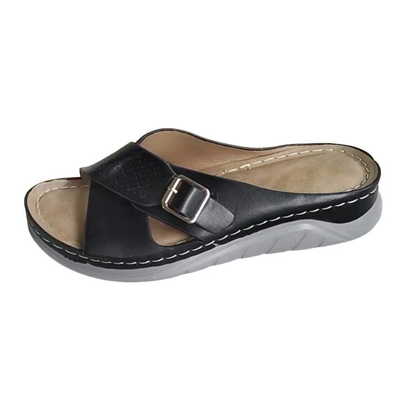 XIAQUJ Ladies Fashion Solid Color Leather Overlay Belt Buckle Decoration Flat Bottom Sandals and Slippers Sandals for Women 2024 Black 7
