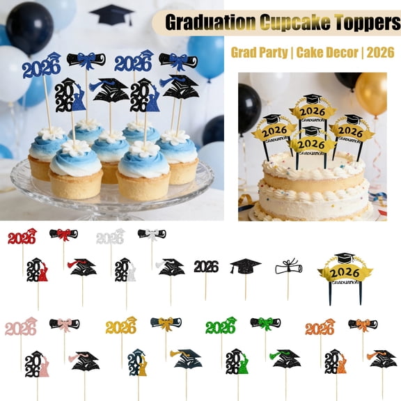 AKLJWH 5 Pcs Cupcake Toppers, 2026 Graduation Cake Inserts, Grad Party Supplies for Dessert Table Decor, #01 Multicolor