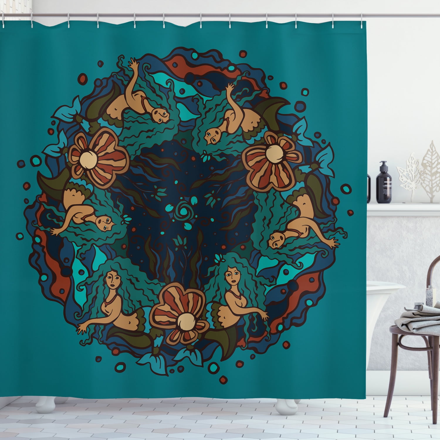 Mermaid Shower Curtain Set, Marine Theme Circle of Mermaids