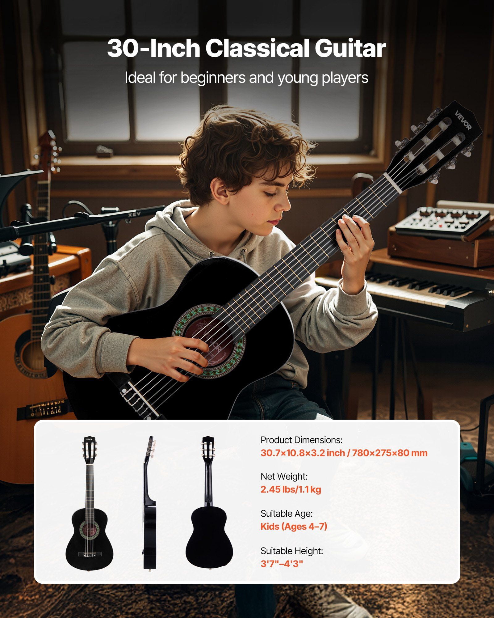 30 Inch Wood Classical Guitar Starter Kit for Beginners with Nylon Strings Gig Bag Strap Tuner Extra Strings Picks Capo Basswood for Kids Girls Boys Students Black