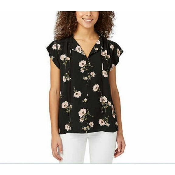 Buffalo David Bitton Women's Flutter Sleeve Floral Top, Black Blossom Large