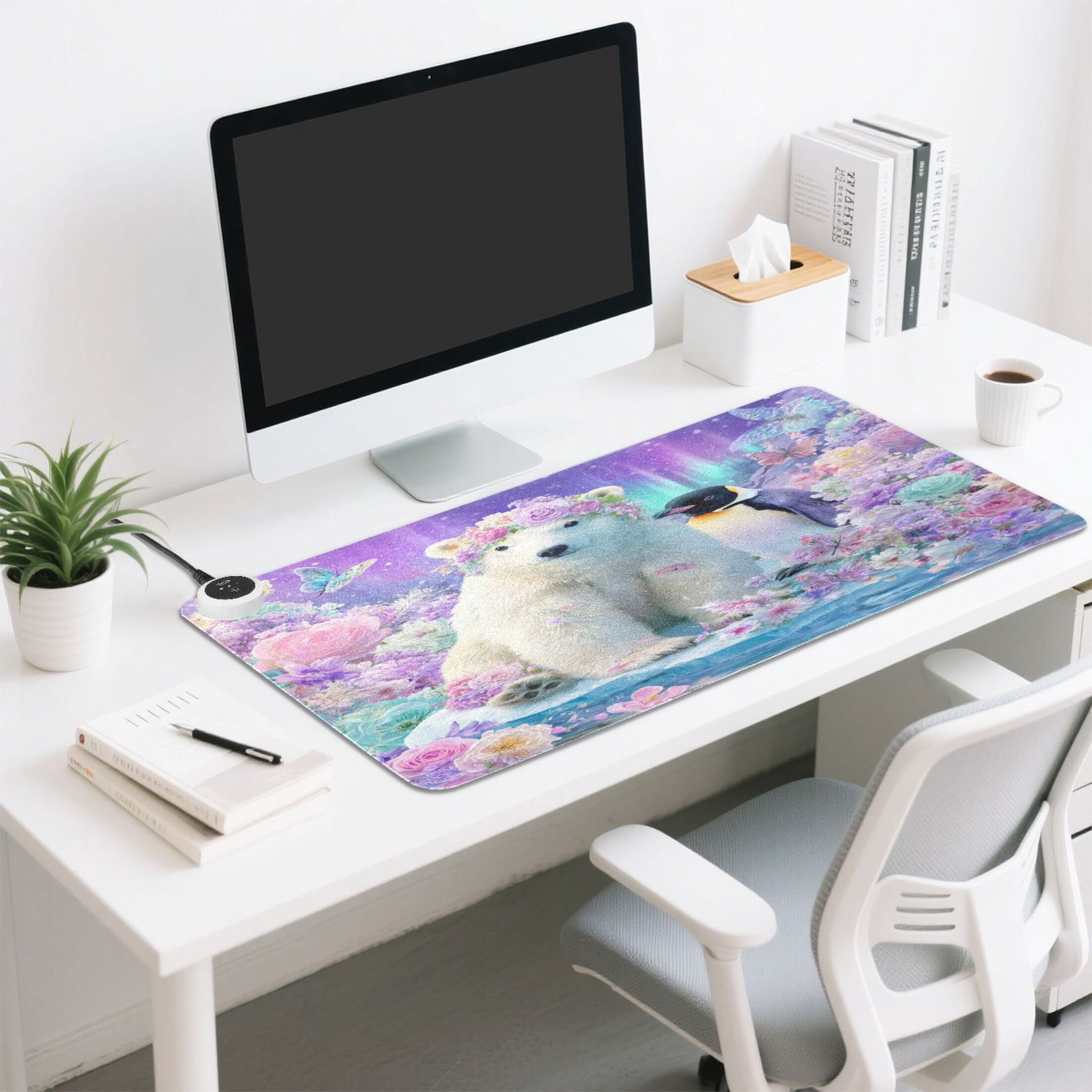 Large Heated Desk Mat Mouse Pad 31.5"x13"PU Leather Graphene Heating Desk Warmer with 3 Temperature Settings 110V US Plug Non-Slip Warm Pad for Home, Office, and Gaming Polar Bear and Penguin Pattern