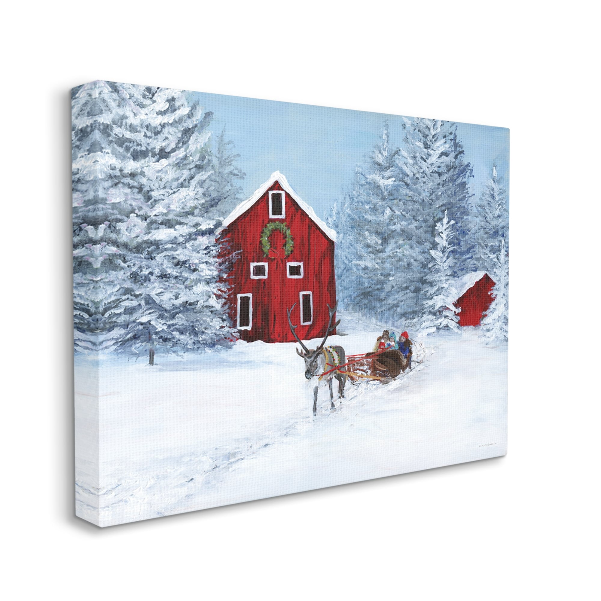 Reindeer Pulling Sled Children Rural Niveous Landscape Landscape Painting Gallery-Wrapped Canvas Print Wall Art