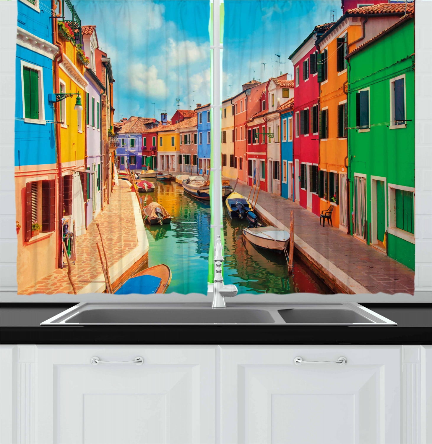 Venice Curtains 2 Panels Set, Colorful Buildings and Water Canal with Boats Burano Island in the Venetian Lagoon, Window Drapes for Living Room Bedroom, 55W X 39L Inches, Multicolor, by Ambesonne