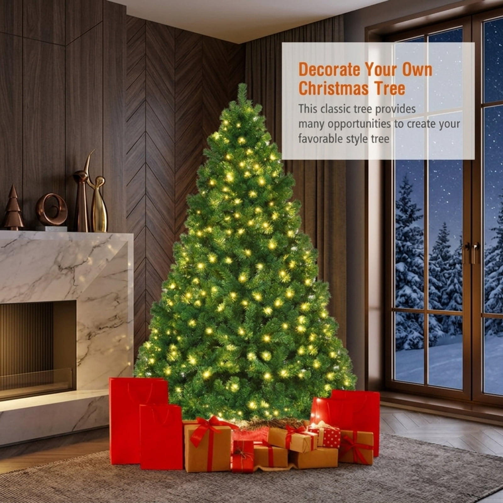 RUIE, 7.5 ft, Pre-Lit Artificial Christmas Tree, Tall Pre-Lit Christmas Tree, 1346 Branch Tips, Green, Hinged Branches for Christmas Party Living
