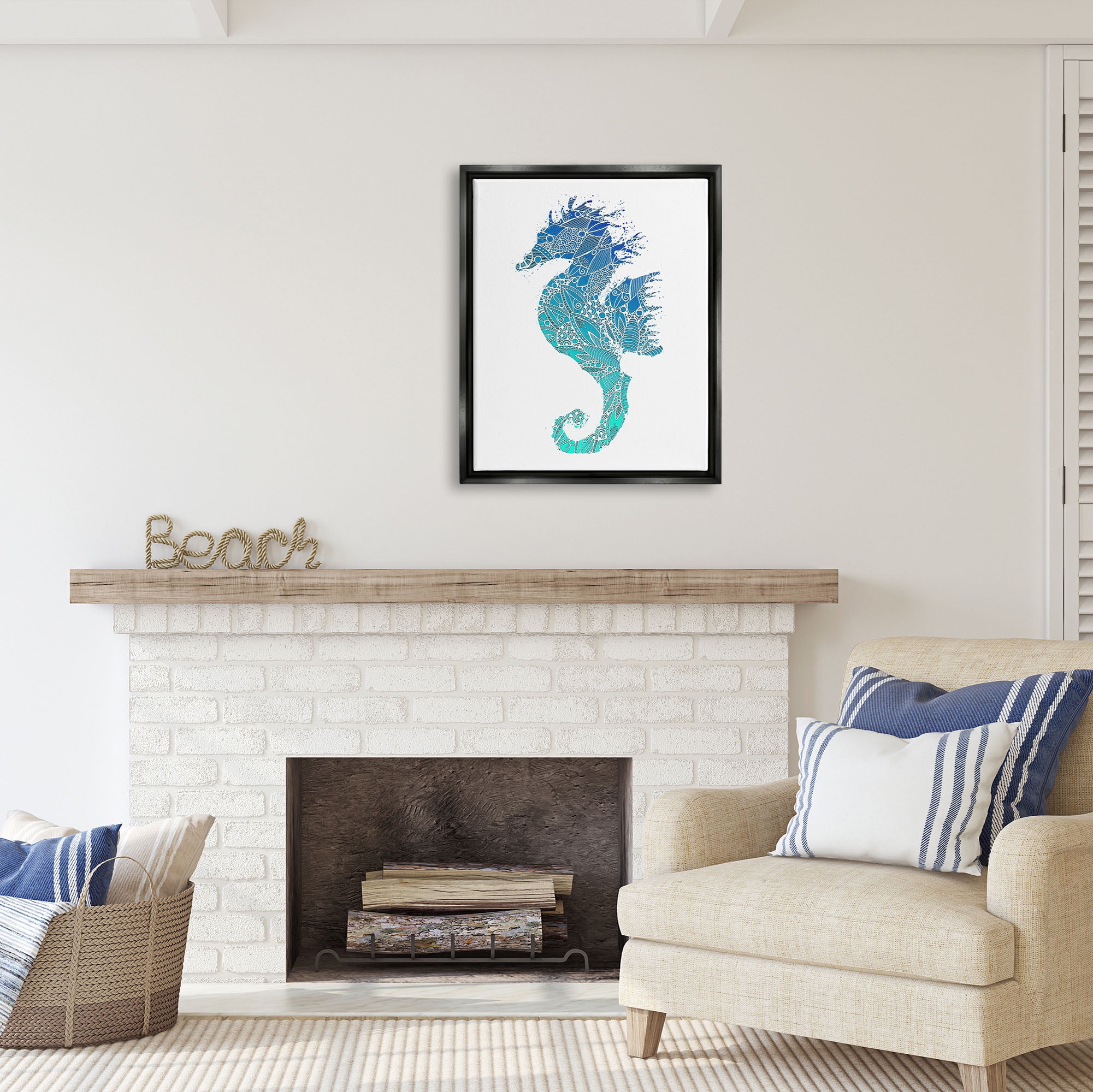 Stupell Industries Fractal Patterned Seahorse Animals & Insects Painting Black Floater Framed Art Print Wall Art, 25 x 31