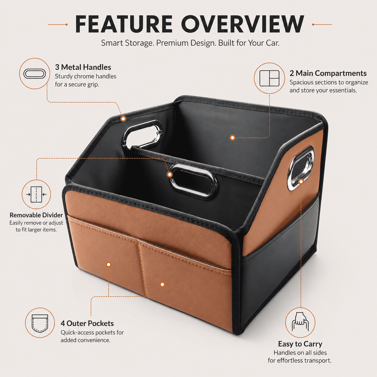 Noaman Leather Car Seat Organizer with 6 Compartments, 3 Handles, Multipurpose