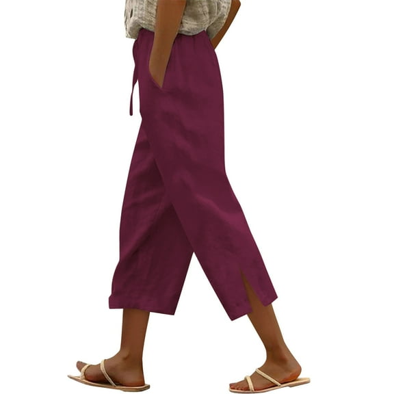 Red Women's Casual Pants, Women Fashion High Waisted Wide Leg Pants Drawstring Elastic Trousers Comfy Straight Leg Long Pants With Pockets,Women's Casual Pants M