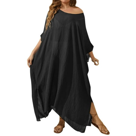 Swimsuit Beach Cover up Shirt Womens Bikini Cover up Dress Women s Solid Color Loose Maxi Dress Beach Vacation Split Hem Long Skirt