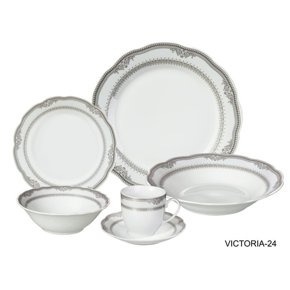Stylish and Elegant 24 Pieces Porcelain Dinnerware Set Service for 4 People for Hosting Parties and Events - Victoria Design