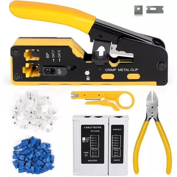 RJ45 Crimping Tool Kit Ethernet Pass Through Crimper Network Cat5 Cat6 Cat7